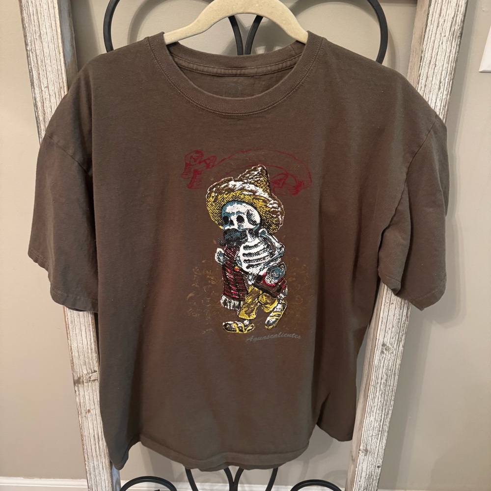 Aguascalientes Skeleton Mexico Folk Art Brown T-Shirt XL Vintage‎ Style
